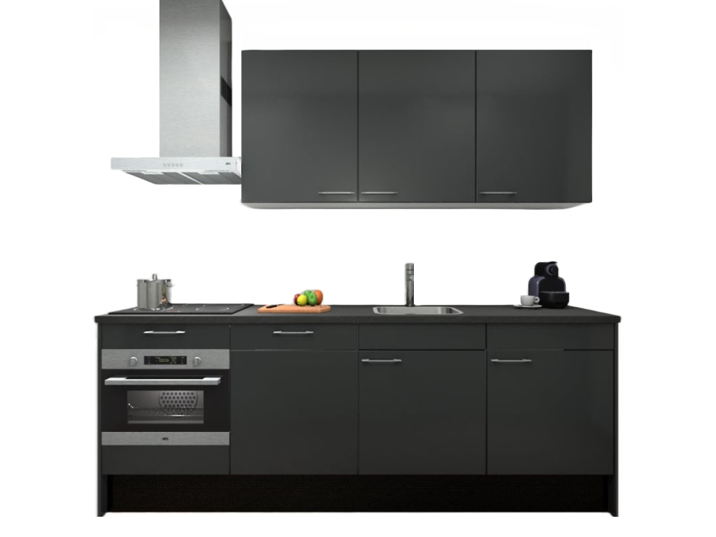 Product afbeelding voor Procasa Keuken 240cm Compleet Dark Grey Spoelbak Rechts Uit Midden Met 5 Inbouwapparaten Koelkast Rechts Vaatwasser Combi Magnetron Inductie Kookplaat En Afzuigkap