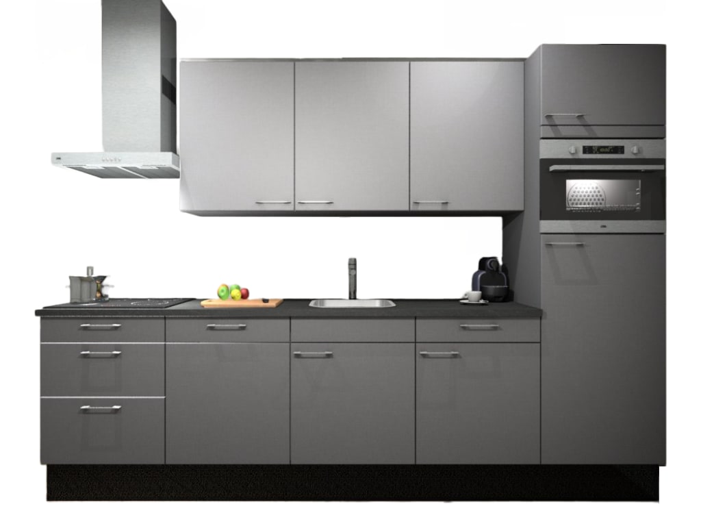 Procasa Keuken 300cm Compleet Grey Met 5 Inbouwapparaten Hoge Kast Met Koelkast Nis 103 En Combi Magnetron Nis 45 Rechts Vaatwasser, Inductie Kookplaat En Afzuigkap