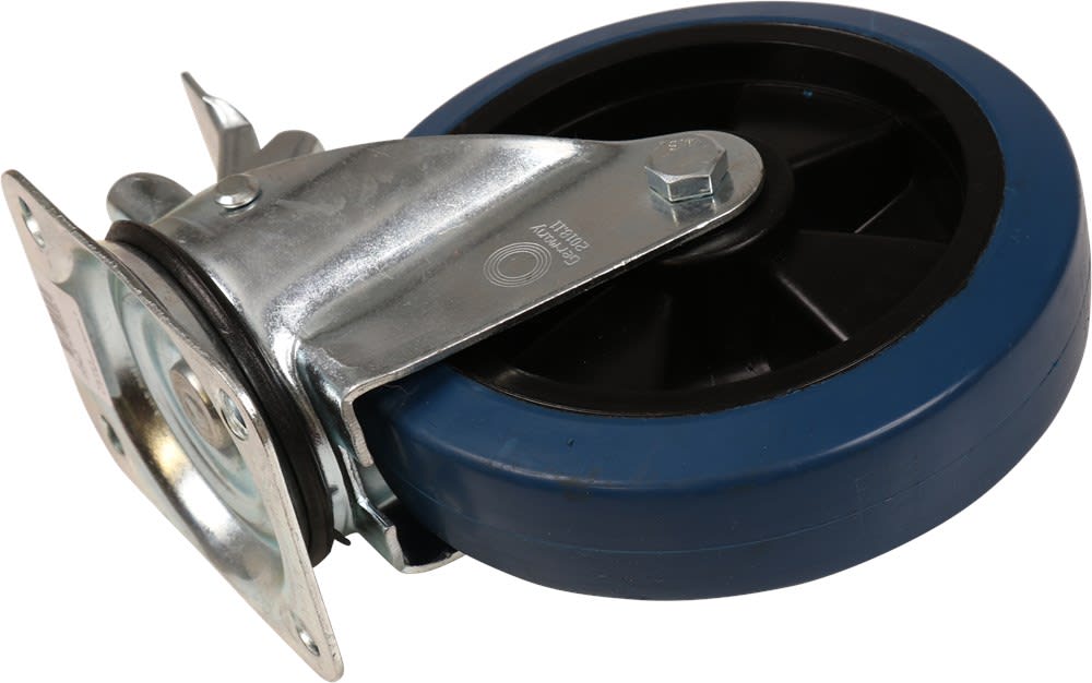 Kelfort Zwenkwiel Met Glijlager 200mm 400kg Met Bevestigingsplaat En Rem Verzinkt Blauw