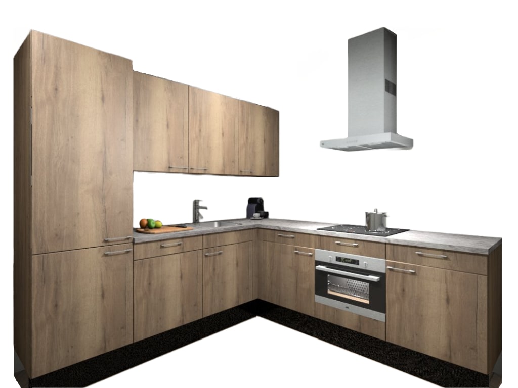 Procasa Hoekkeuken Compleet 245x245cm Mountain Oak Met 5 Inbouwapparaten, Hoge Kast Met Koelvriescombinatie Links, Vaatwasser, Combi Magnetron, Inductie Kookplaat En Afzuigkap