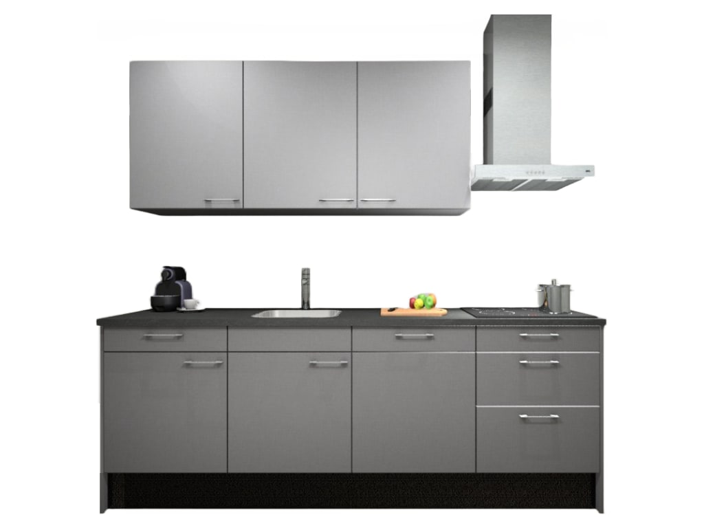 Procasa Keuken 240cm Compleet Grey Spoelbak Links Uit Midden Met 3 Inbouwapparaten, Vaatwasser, Inductie Kookplaat En Afzuigkap