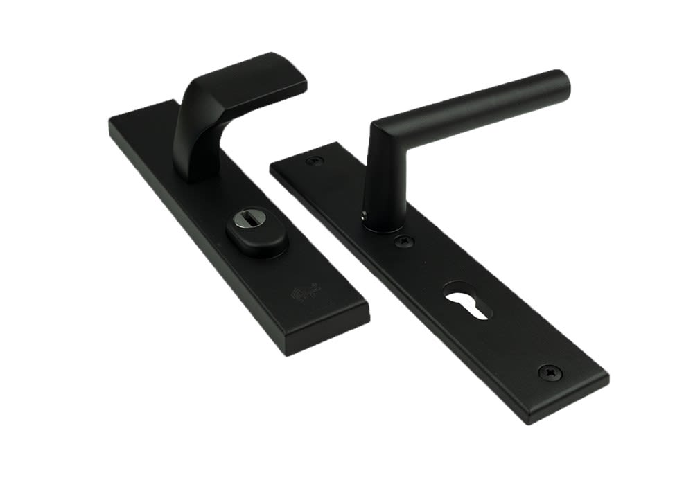 AMI Veiligheidsdeurgarnituur 251/51 Duwer-Kruk Recht Veiligheidslangschild PC92 SKG3 Aluminium Zwart Met Kerntrekbeveiliging