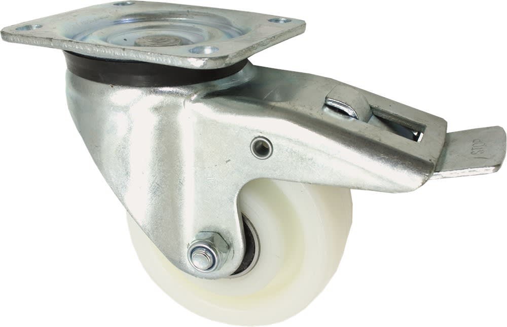 Kelfort Zwenkwiel Met Rollager 250mm 1400kg Met Bevestigingsplaat En Rem Verzinkt Wit