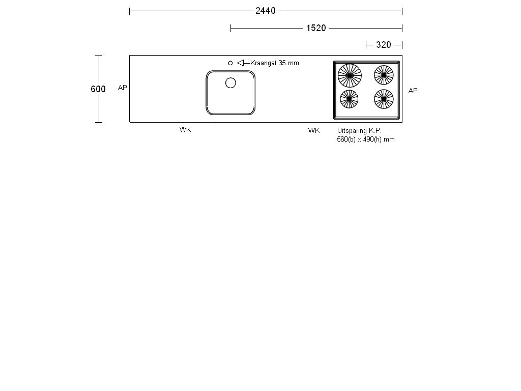 Product afbeelding voor Procasa Keuken Werkblad 244x60cm Multiplex Zwart DE 2390 Waterkering Spoelbak Lanseto 043N Vlakinbouw Positie Hart Spoelbak 92cm Van Links Met Kraangat Hart Kookplaat KI2160ZT 212cm Van Links