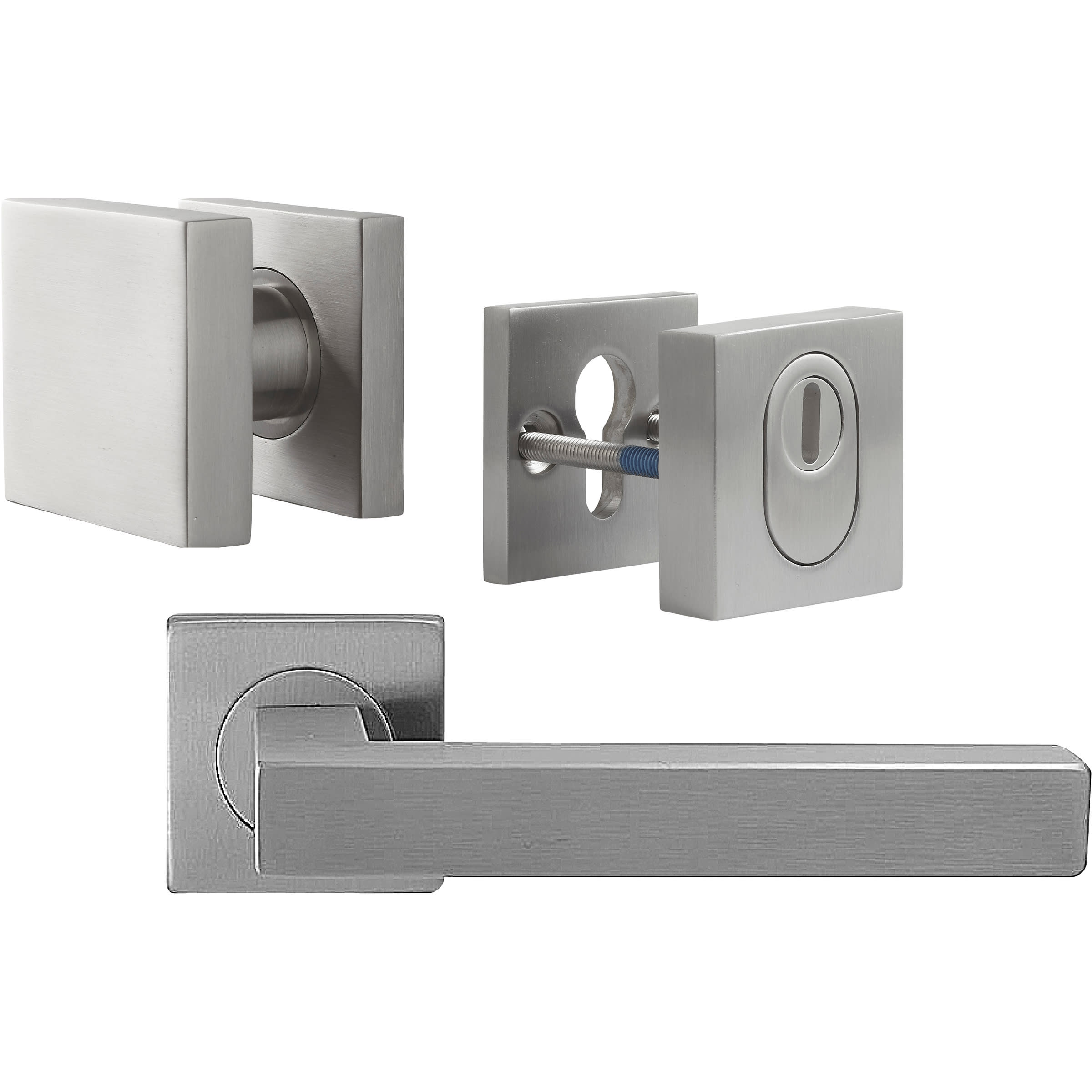 Skantrae Hang&Sluitwerkpakket 54 201-211 R2 RVS Harper 1/2 Deurkruk Dunant Knop Pallas Rozet Vierkant Kerntrekbeveiliging Meerpuntssluiting En 4x AXA Scharnier