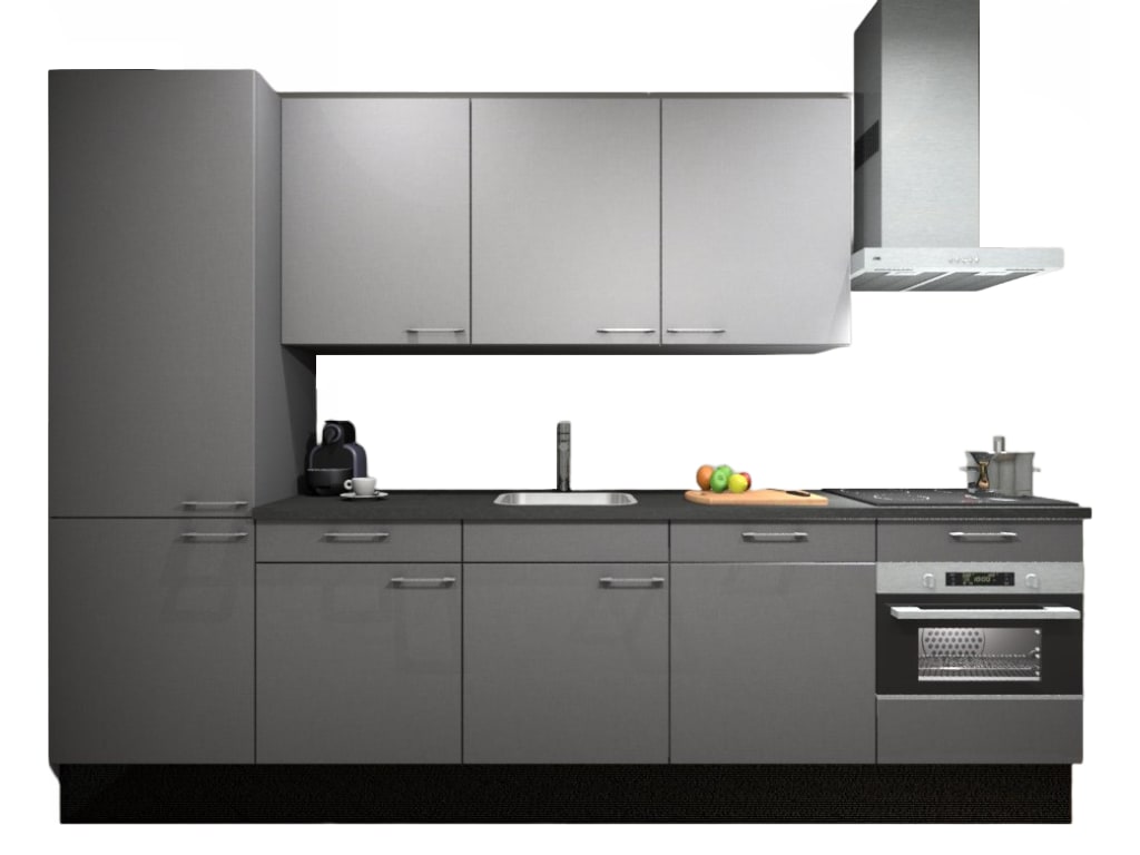 Procasa Keuken 300cm Compleet Grey Inclusief Hoge Kast Met Koelvriescombinatie Links Vaatwasser Combi Magnetron Inductie Kookplaat En Afzuigkap