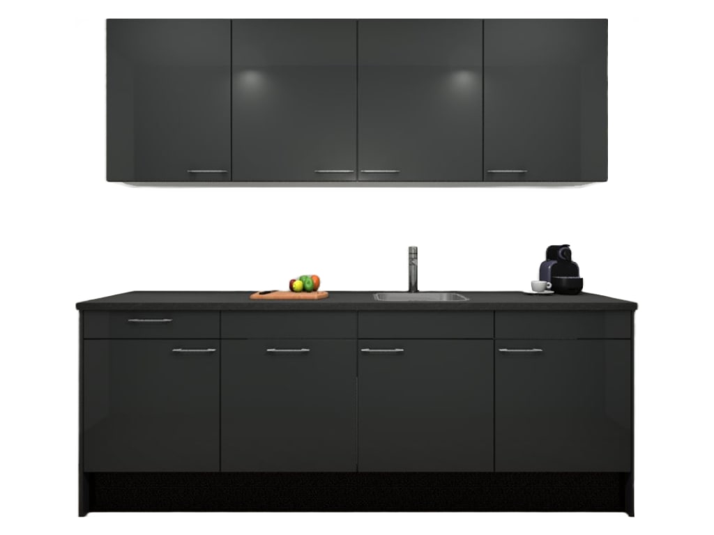 Procasa Keuken 240cm Compleet Dark Grey Spoelbak Rechts Uit Midden Met 2 Inbouwapparaten Koelkast Rechts, Vaatwasser
