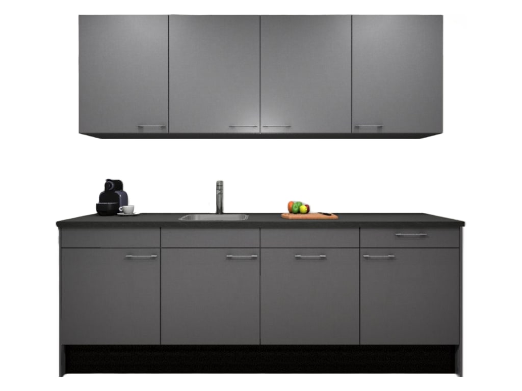 Procasa Keuken 240cm Compleet Grey Spoelbak Links Uit Midden Met 2 Inbouwapparaten, Koelkast Links En Geintegreerde Vaatwasser