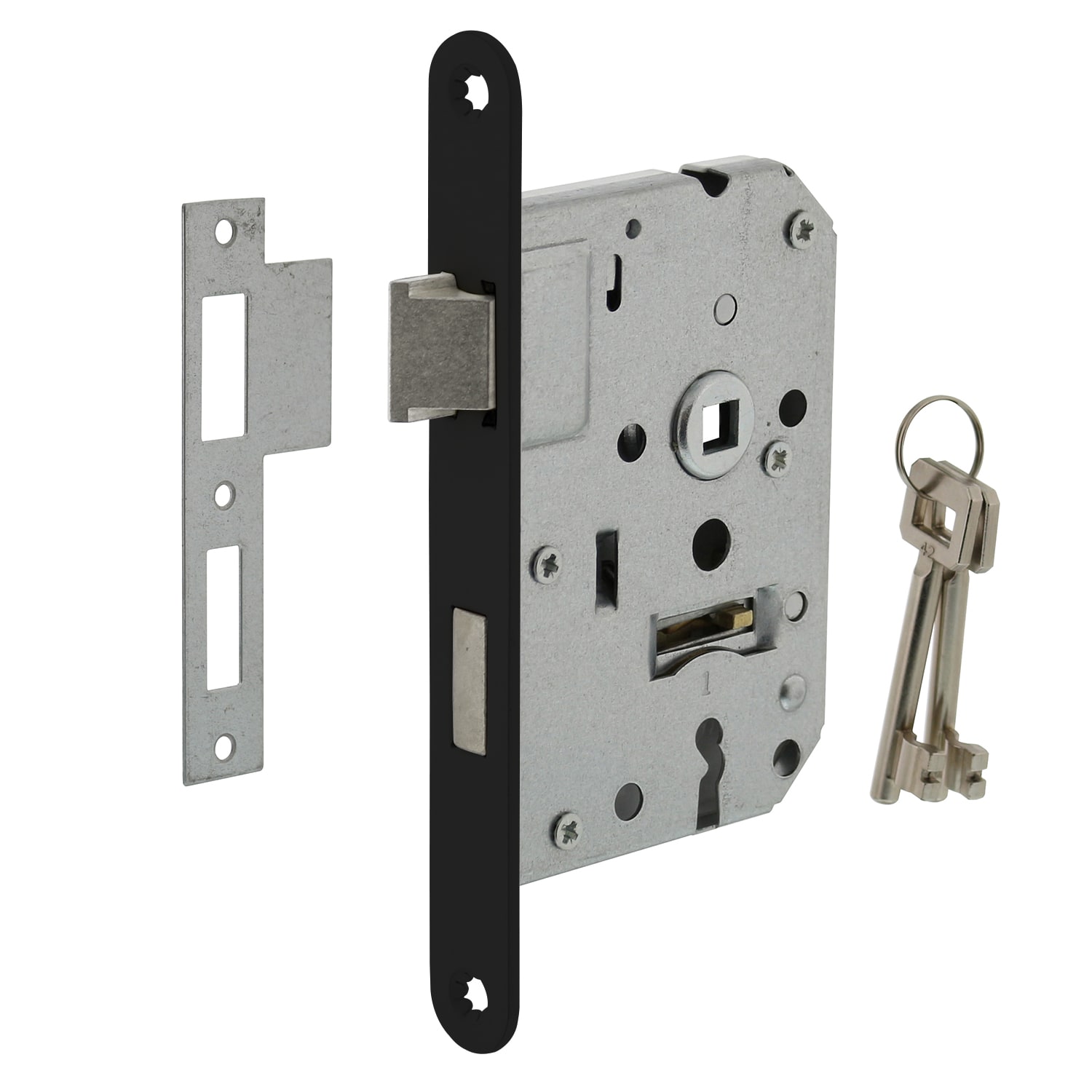 Intersteel Dag- En Nachtslot PC55 Doornmaat 50mm Voorplaat Afgerond Zwart Met Sluitplaat En 2 Sleutels