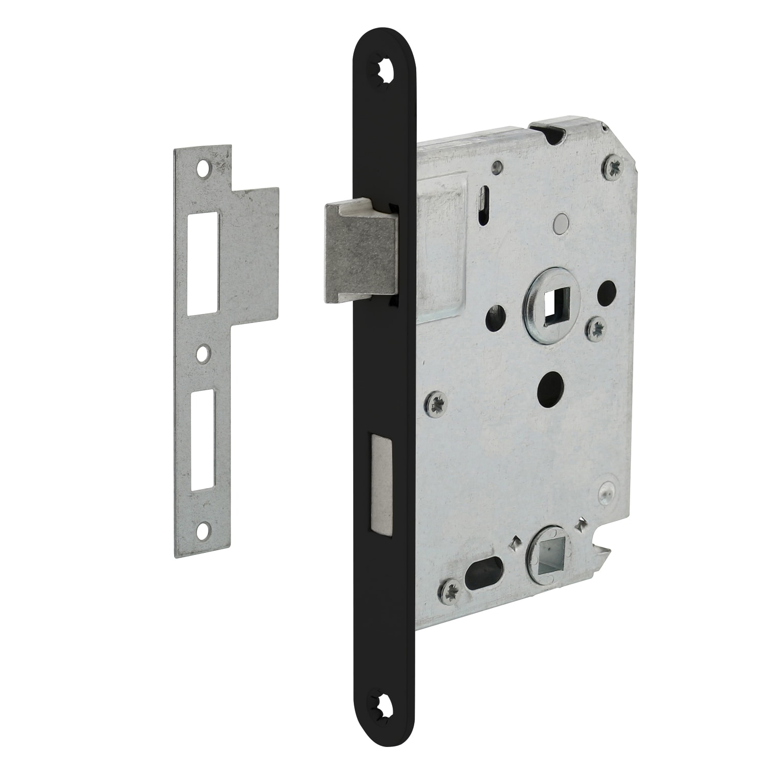 Product afbeelding voor Intersteel WC-Badkamerslot WC63/8mm Doornmaat 50mm Voorplaat Afgerond Zwart Met Sluitplaat