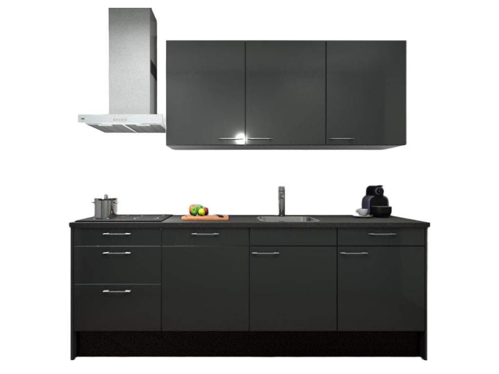 Procasa Keuken 240cm Compleet Dark Grey Spoelbak Rechts Uit Midden Met 3 Inbouwapparaten Vaatwasser Inductie Kookplaat En Afzuigkap