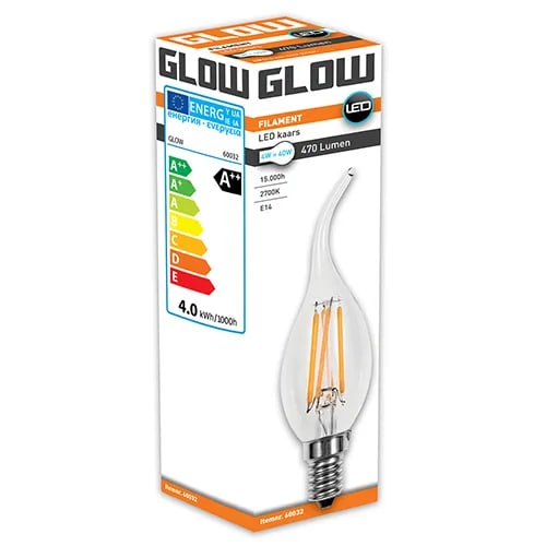 Product afbeelding voor Glow LED Filament Tipkaars 4-40W 470 Lumen E14 2700K CA45 ND Extra Warm Wit