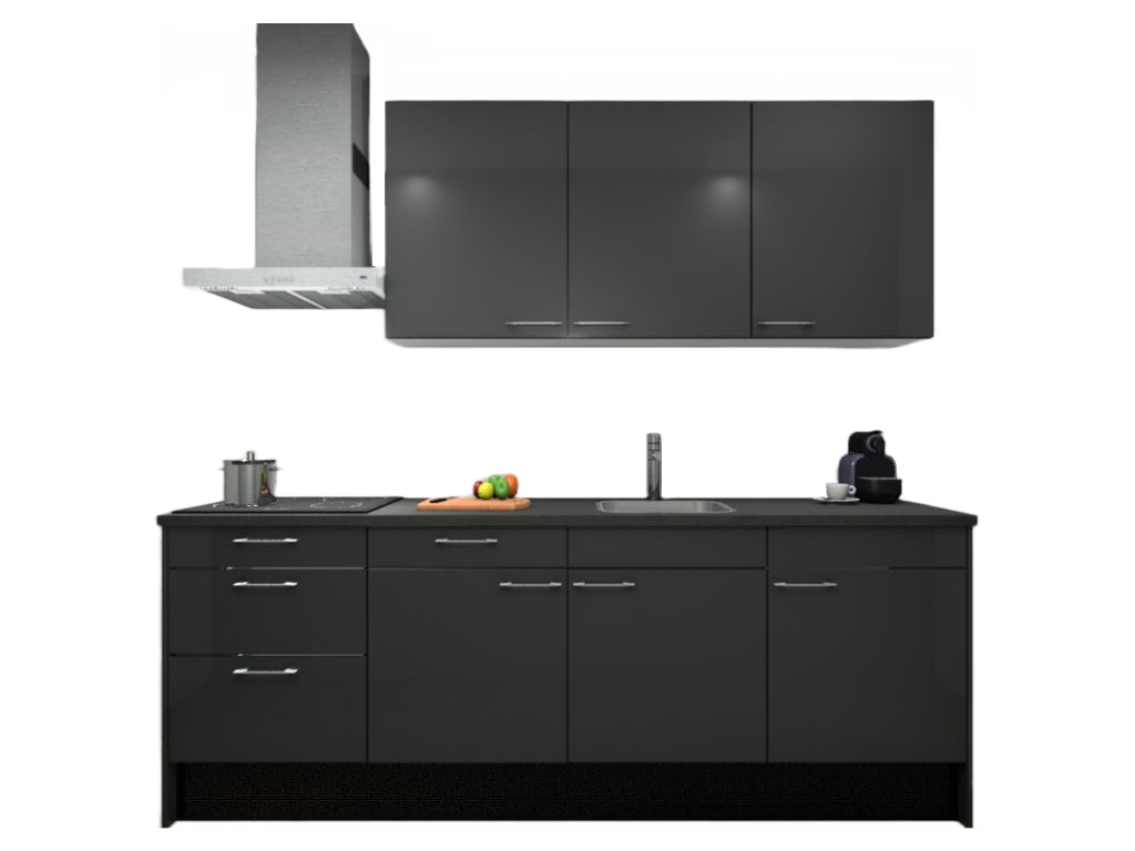 Procasa Keuken 240cm Compleet Dark Grey Spoelbak Rechts Uit Midden Met 3 Inbouwapparaten Koelkast Rechts Inductie Kookplaat En Afzuigkap