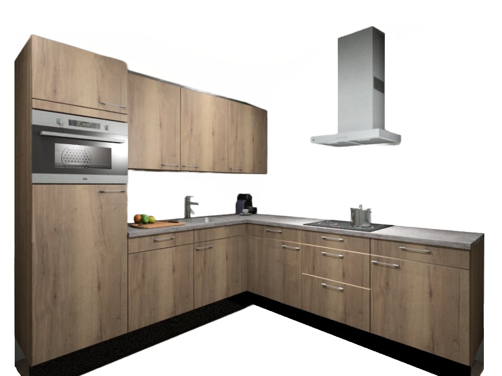 Procasa Hoekkeuken Compleet 245x245cm Mountain Oak Met 5 Inbouwapparaten, Hoge Kast Met Koelkast Nis 103 En Combi Magnetron Nis 45 Links, Inductie Kookplaat En Afzuigkap