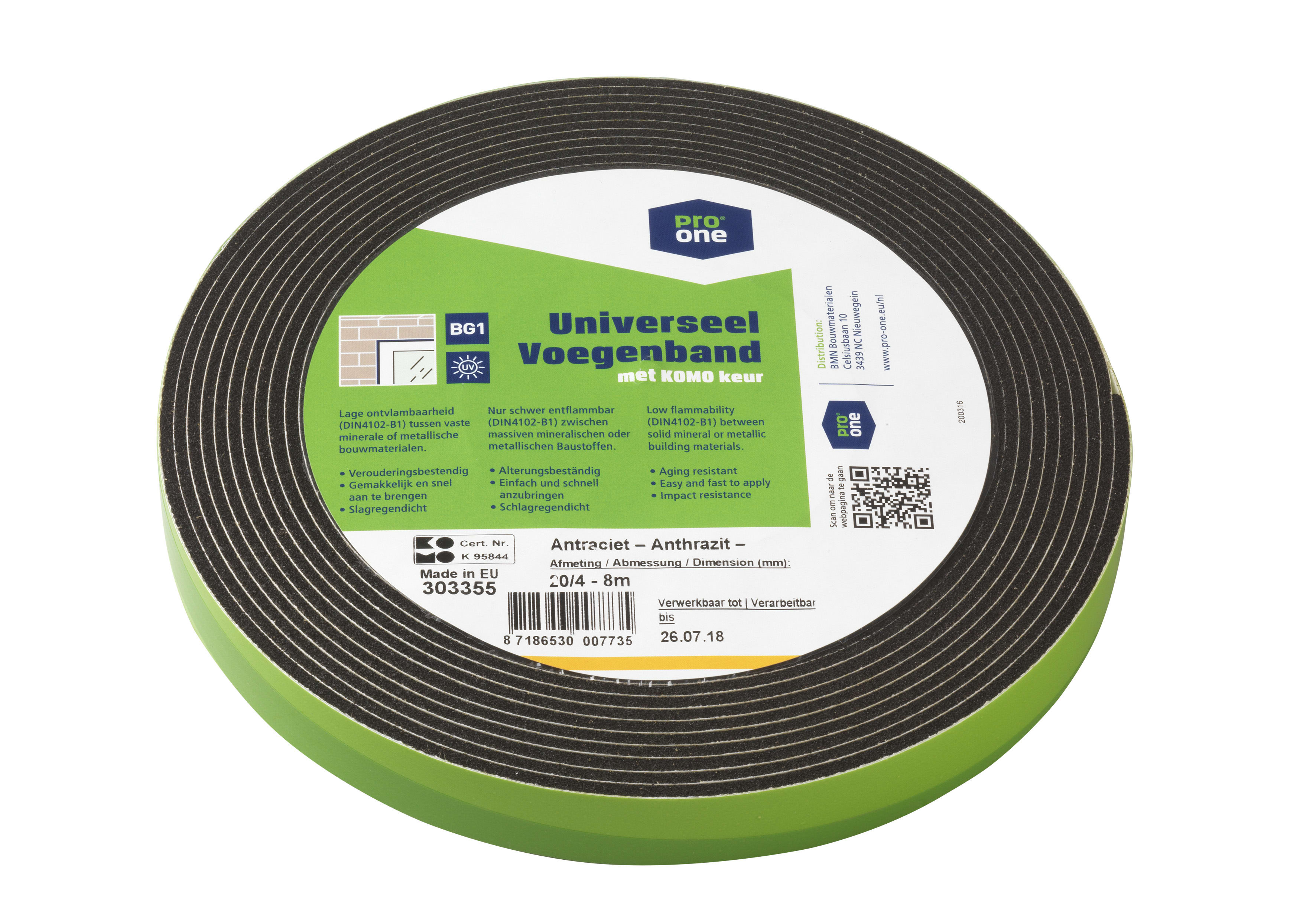 ProOne Voegenband 20/4 8m 4mm BG1 Komo Keur Antraciet