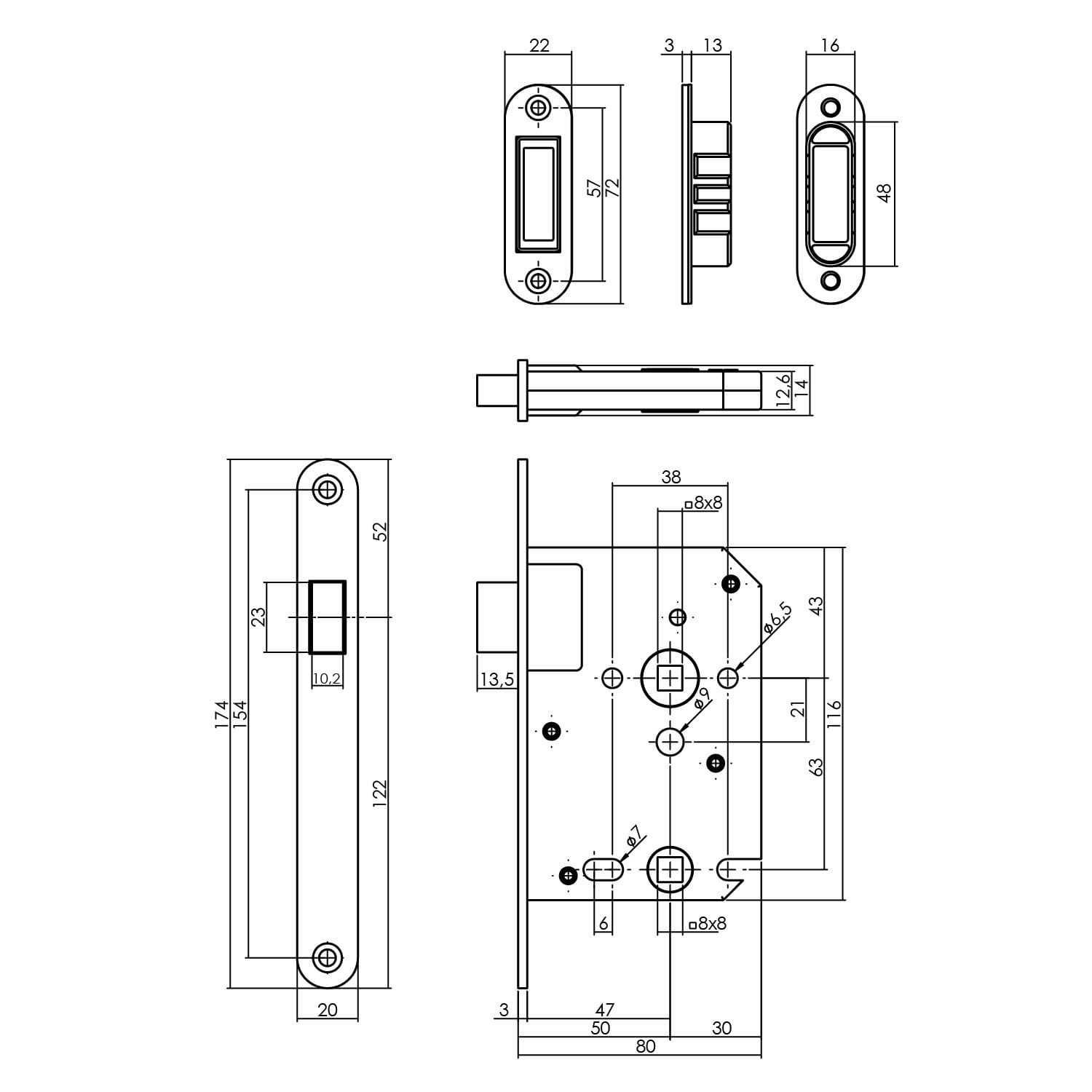 Product afbeelding voor Intersteel WC-Badkamerslot Magnetisch WC63/8mm Doornmaat 50mm Voorplaat Afgerond Zwart Met Sluitplaat/Sluitkom
