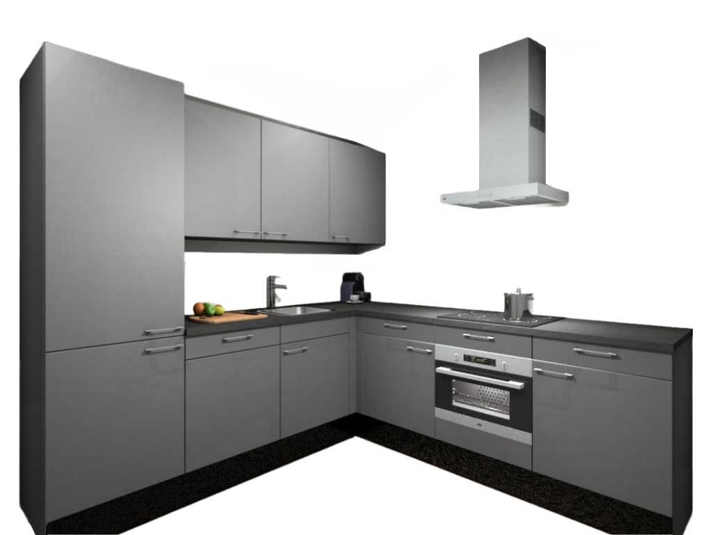 Procasa Hoekkeuken Compleet 245x245cm Grey Met 5 Inbouwapparaten, Hoge Kast Met Koelvriescombinatie Links, Vaatwasser, Combi Magnetron, Inductie Kookplaat En Afzuigkap