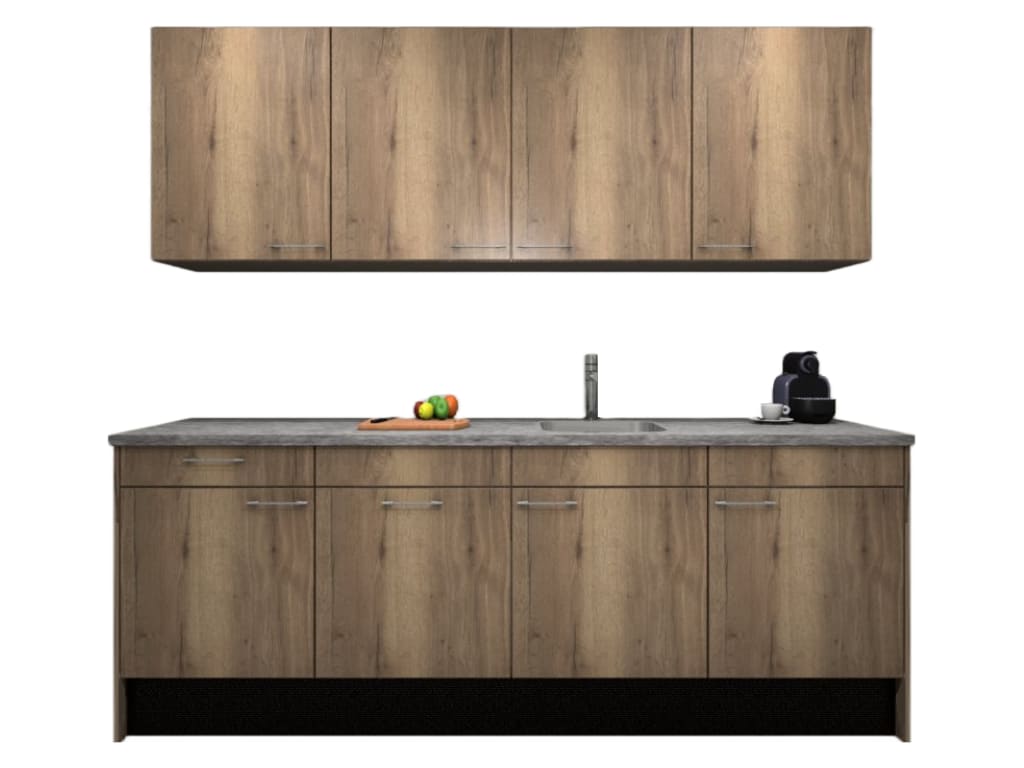 Product afbeelding voor Procasa Keuken 240cm Compleet Mountain Oak Spoelbak Rechts Uit Midden Met 2 Inbouwapparaten, Koelkast Rechts, Vaatwasser