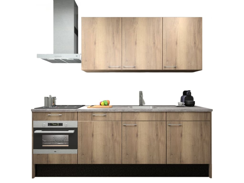 Procasa Keuken 240cm Compleet Mountain Oak Spoelbak Rechts Uit Midden Met 5 Inbouwapparaten, Koelkast Rechts, Vaatwasser, Combi Magnetron, Inductie Kookplaat En Afzuigkap