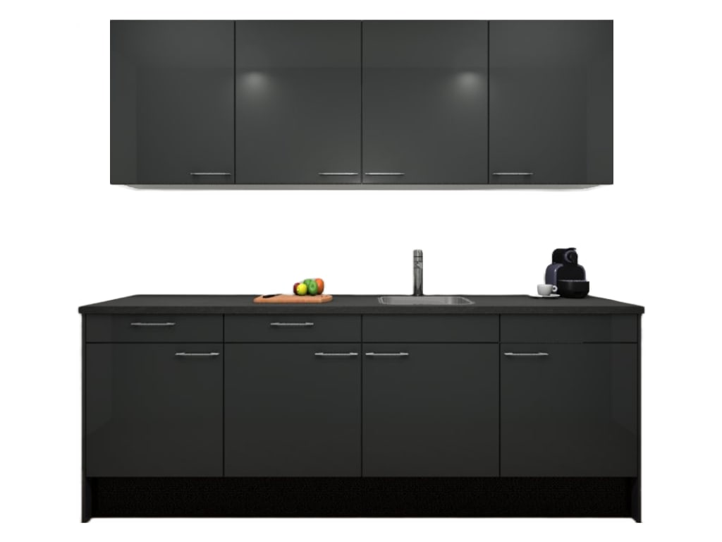Procasa Keuken 240cm Compleet Dark Grey Spoelbak Rechts Uit Midden Met Inbouwkoelkast Rechts