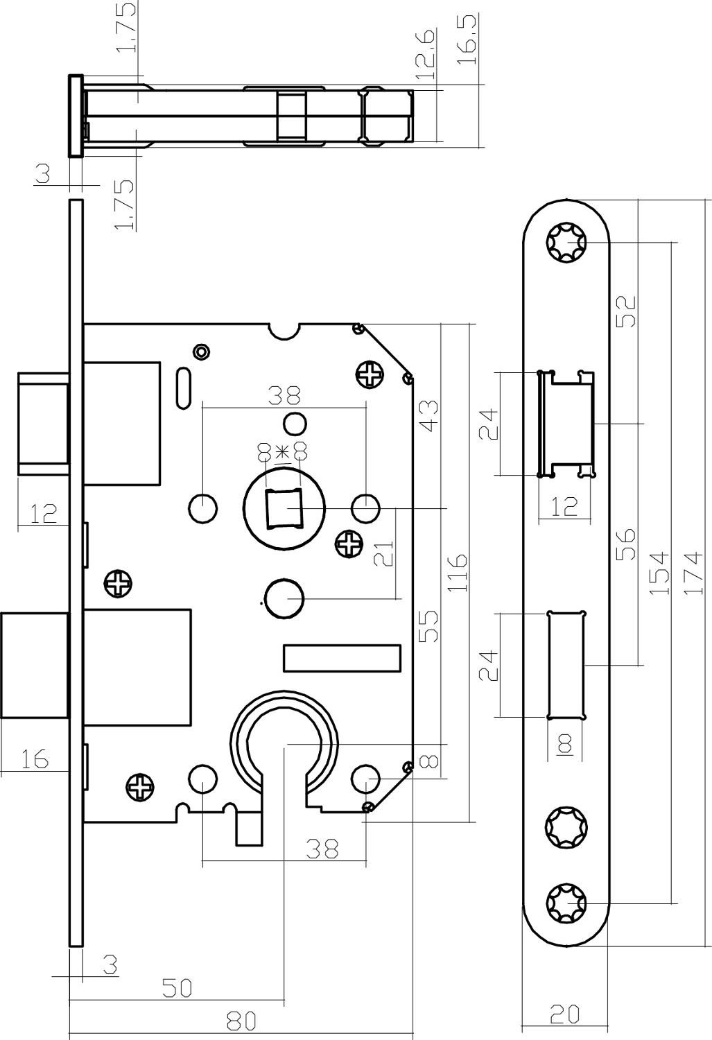 Product afbeelding voor Intersteel Dag- En Nachtslot PC55 Doornmaat 50mm Voorplaat Afgerond Zwart Met Sluitplaat