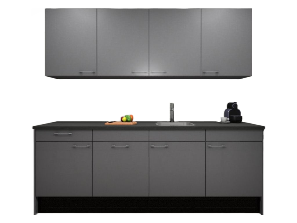 Procasa Keuken 240cm Compleet Grey Spoelbak Rechts Uit Midden Met 2 Inbouwapparaten, Koelkast Rechts, Vaatwasser