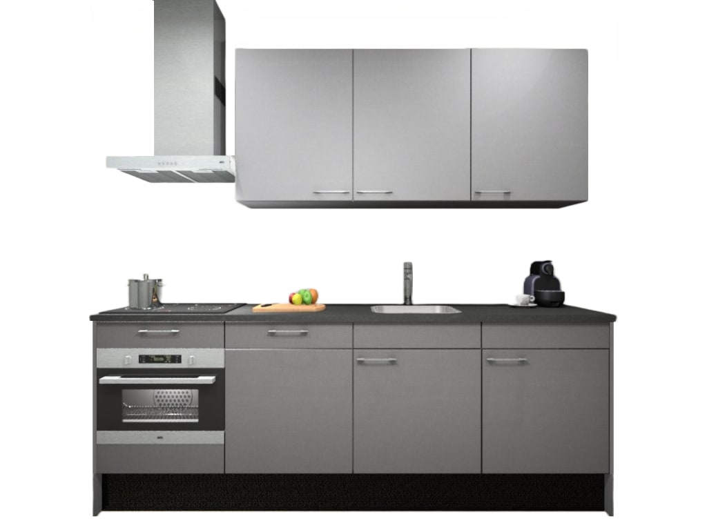 Product afbeelding voor Procasa Keuken 240cm Compleet Grey Spoelbak Rechts Uit Midden Met 5 Inbouwapparaten, Koelkast Rechts, Vaatwasser, Combi Magnetron, Inductie Kookplaat En Afzuigkap