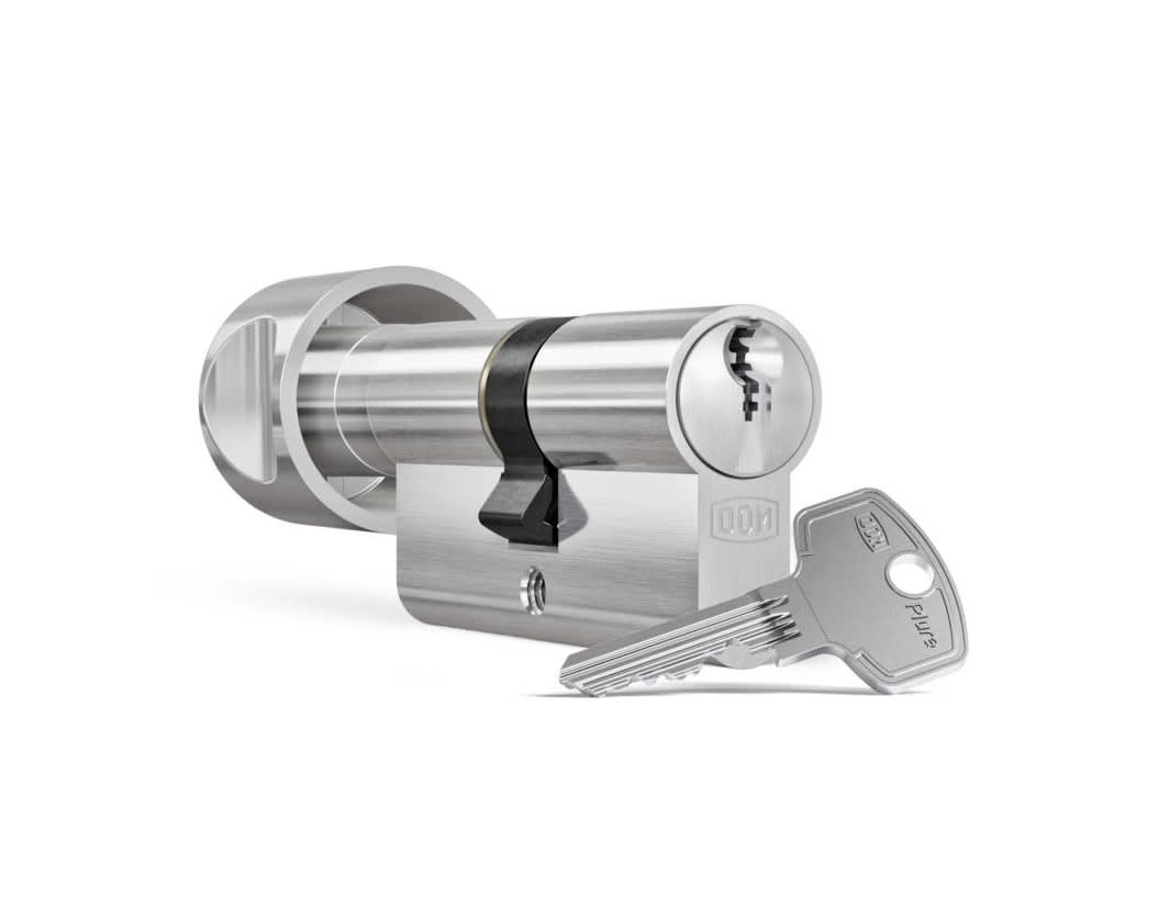 DOM Profielcilinder Met Knop 333 Plura Dubbel 30/45mm Messing Vernikkeld Mat SKG2