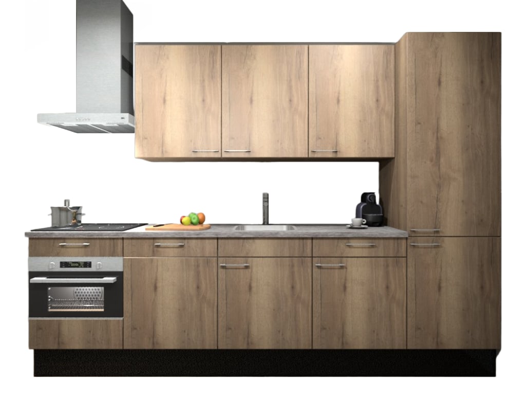 Procasa Keuken 300cm Compleet Mountain Oak Inclusief Hoge Kast Met Koelvriescombinatie Rechts Vaatwasser Combi Magnetron Inductie Kookplaat En Afzuigkap