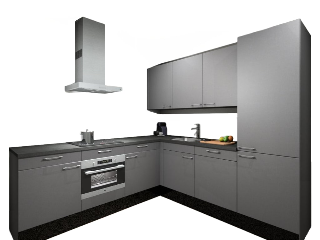 Procasa Hoekkeuken Compleet 245x245cm Grey Met 5 Inbouwapparaten, Hoge Kast Met Koelvriescombinatie Rechts, Vaatwasser, Combi Magnetron, Inductie Kookplaat En Afzuigkap