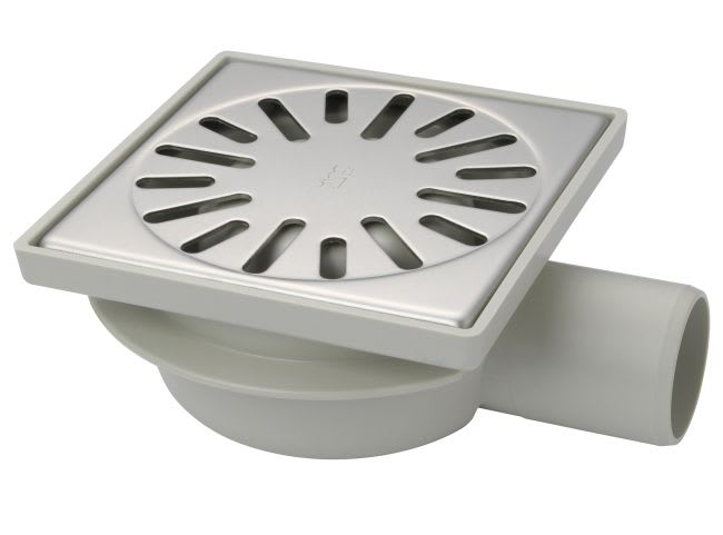 ABS Afvoerput 150x150mm Zijaansluiting  RVS Rooster 4116 Niet Verstelbaar