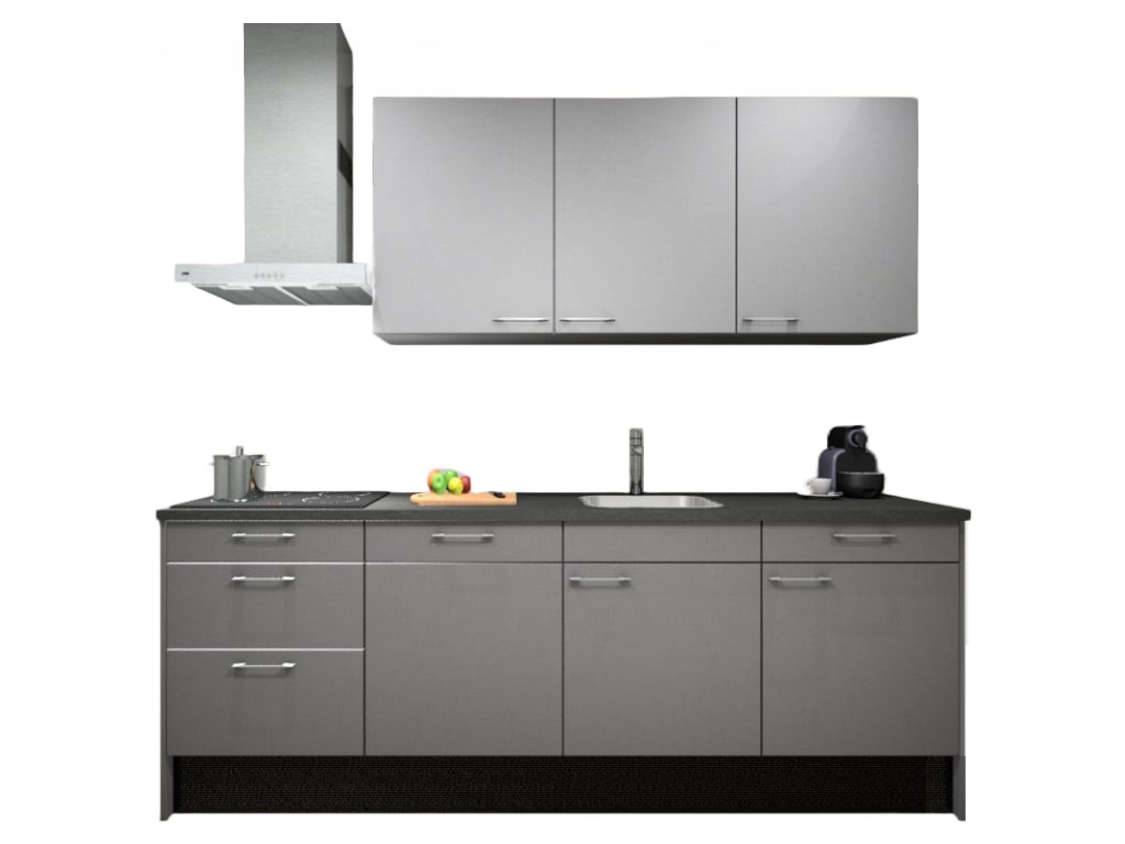 Procasa Keuken 240cm Compleet Grey Spoelbak Rechts Uit Midden Met 3 Inbouwapparaten, Vaatwasser Inductie Kookplaat En Afzuigkap