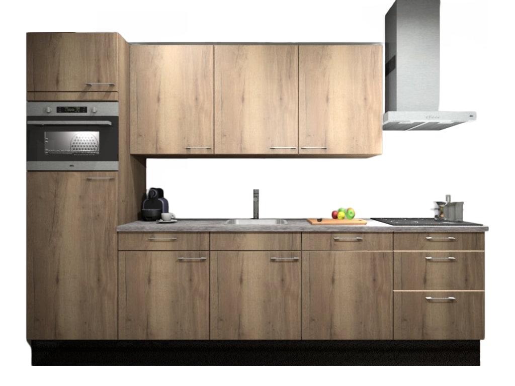 Product afbeelding voor Procasa Keuken 300cm Compleet Mountain Oak Met 5 Inbouwapparaten Hogekast Met Koelkast En Combi Magnetron Links, Vaatwasser, Inductie Kookplaat En Afzuigkap