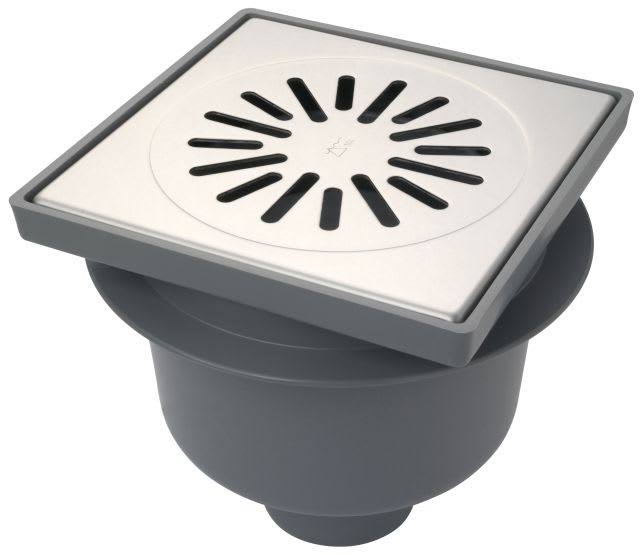 ABS Afvoerput 200x200mm Onderaansluiting RVS Rooster 4020 Met PPC Vuilvangemmer Niet Verstelbaar