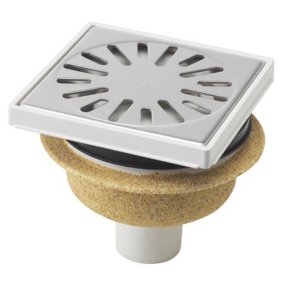 ABS Afvoerput 150x150mm Onderaansluiting RVS Rooster 4015A Bezand Horizontaal en Vertikaal Verstelbaar