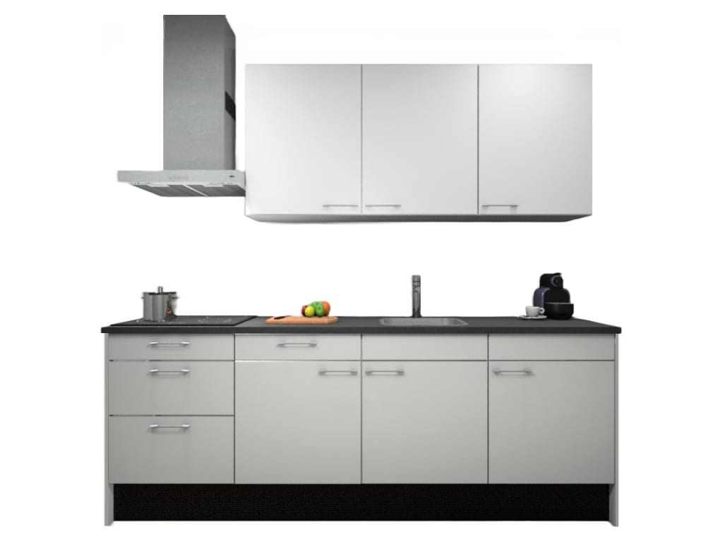 Procasa Keuken 240cm Compleet Wit Spoelbak Rechts Uit Midden Met 3 Inbouw Apparaten Koelkast Rechts, Inductie Kookplaat En Afzuigkap