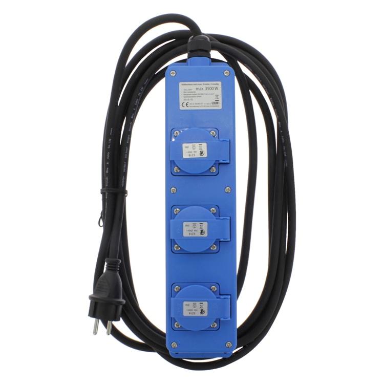 Stekkerdoos Met Kabel Met 3 Contactdozen 1.5mm² Kabellengte 5m Randaarde Blauw