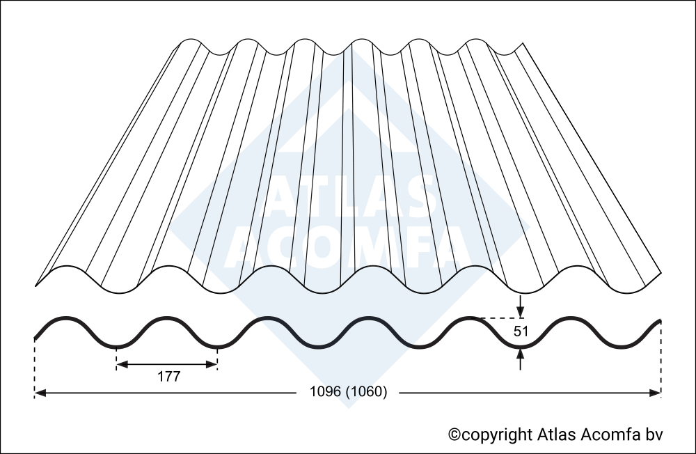 Product afbeelding voor Atlas Acomfa Golfplaat Polycarbonaat Enkelwandig 177/51 3050x1096x1mm Biobase Glashelder 1UV