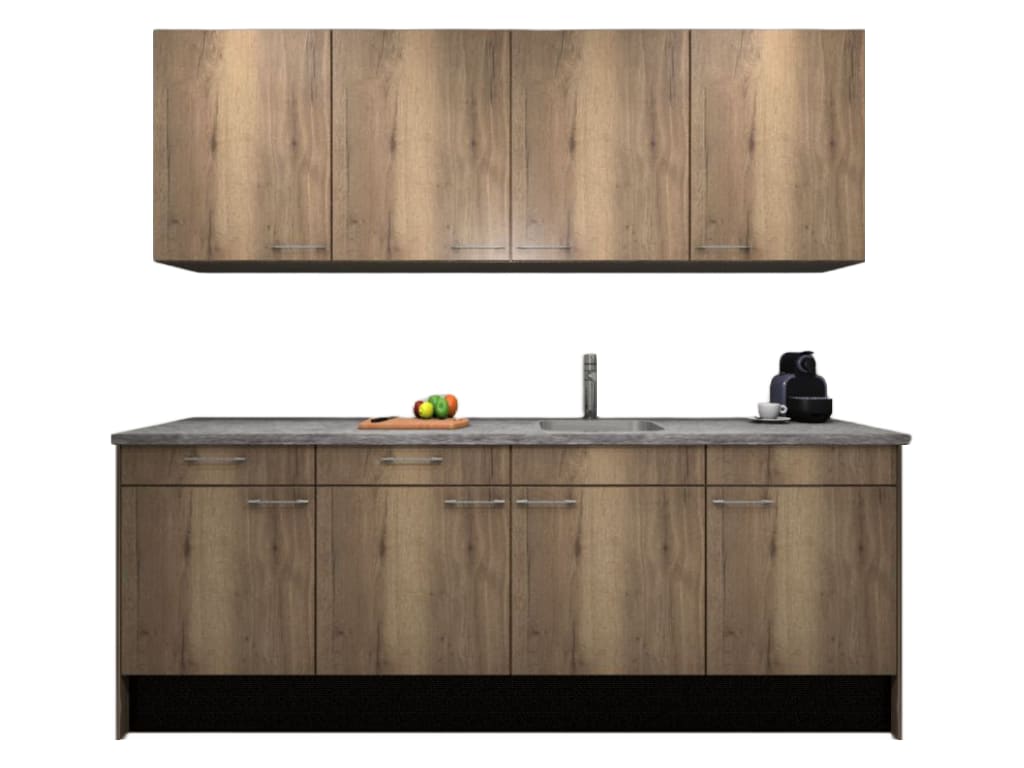 Procasa Keuken 240cm Compleet Mountain Oak Spoelbak Rechts Uit Midden Met Inbouwkoelkast Rechts