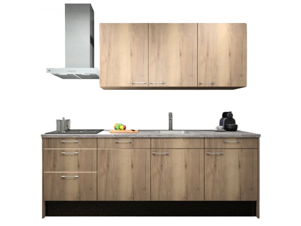 Procasa Keuken 240cm Compleet Mountain Oak Spoelbak Rechts Uit Midden Met 3 Inbouwapparaten, Vaatwasser, Inductie Kookplaat En Afzuigkap