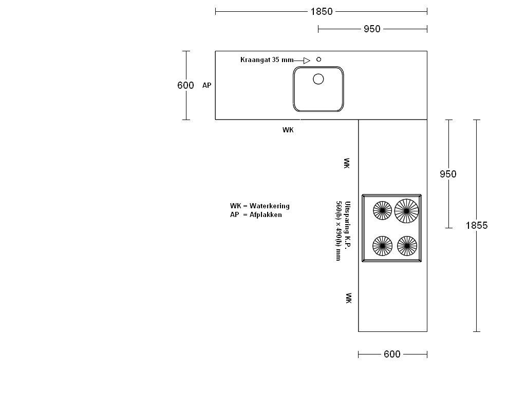 Product afbeelding voor Procasa Keuken Hoekwerkblad 185x186cm Zwart DE 2390 Multiplex Waterkering Spoelbak Lanesto DE040 Vlakinbouw Hart Spoelbak 90cm Van Links Blad1 Met Kraangat Hart Kookplaat KI2160ZT 95cm Van Links Blad2