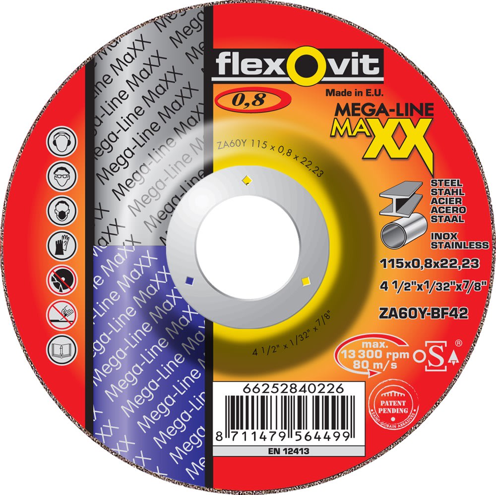 Flexovit Doorslijpschijf Maxx ZA60Y 125x0.8x22.2mm Vlak T42 Inox