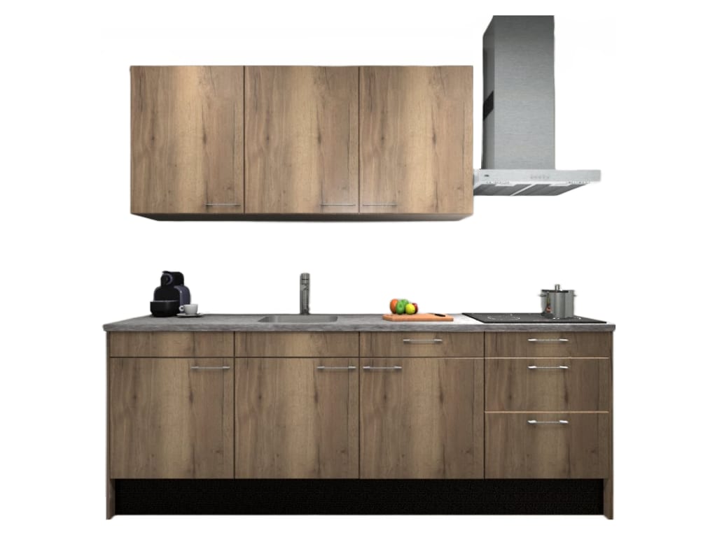 Procasa Keuken 240cm Compleet Mountain Oak Spoelbak Links Uit Midden Met 3 Inbouwapparaten, Koelkast Links, Inductie Kookplaat En Afzuigkap