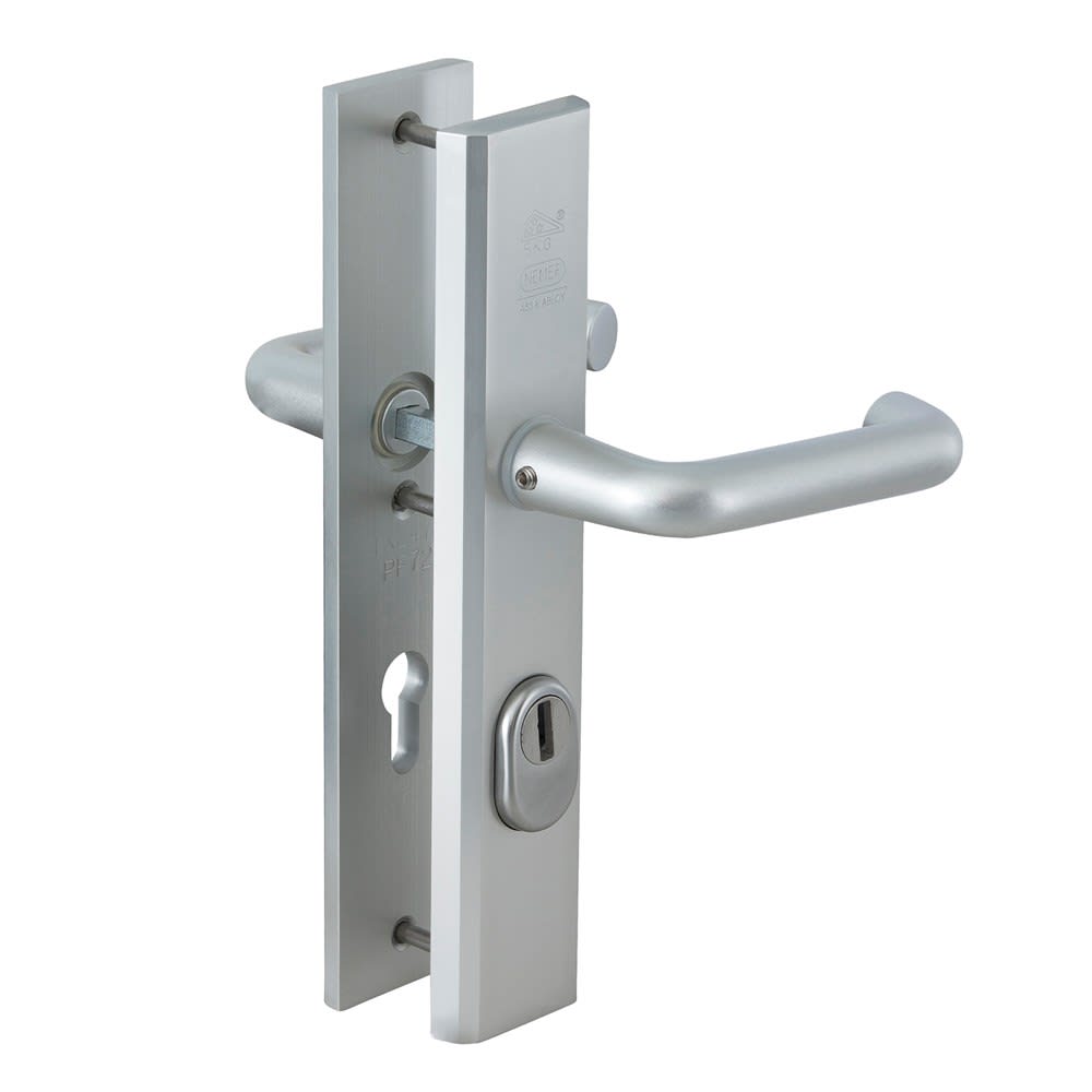 Product afbeelding voor Nemef Veiligheidsdeurkrukgarnituur Kruk-Kruk Recht Langschild PC72 SKG3 Aluminium F1 Met Kerntrekbeveiliging