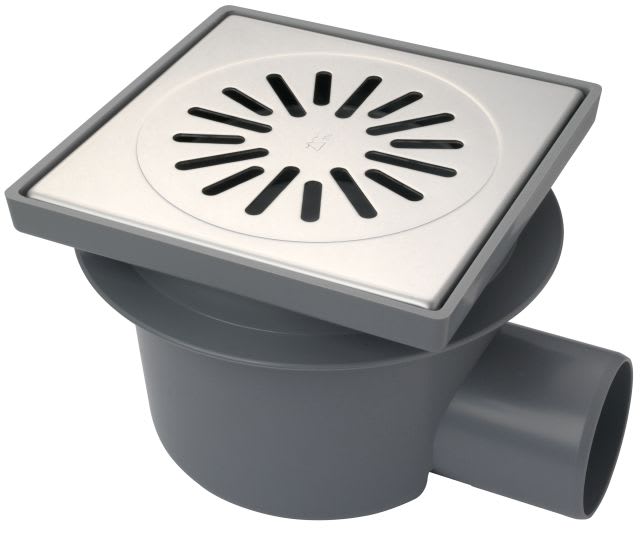 ABS Afvoerput 200x200mm Zijaansluiting  RVS Rooster 4021 Met PPC Vuilvangemmer Niet Verstelbaar