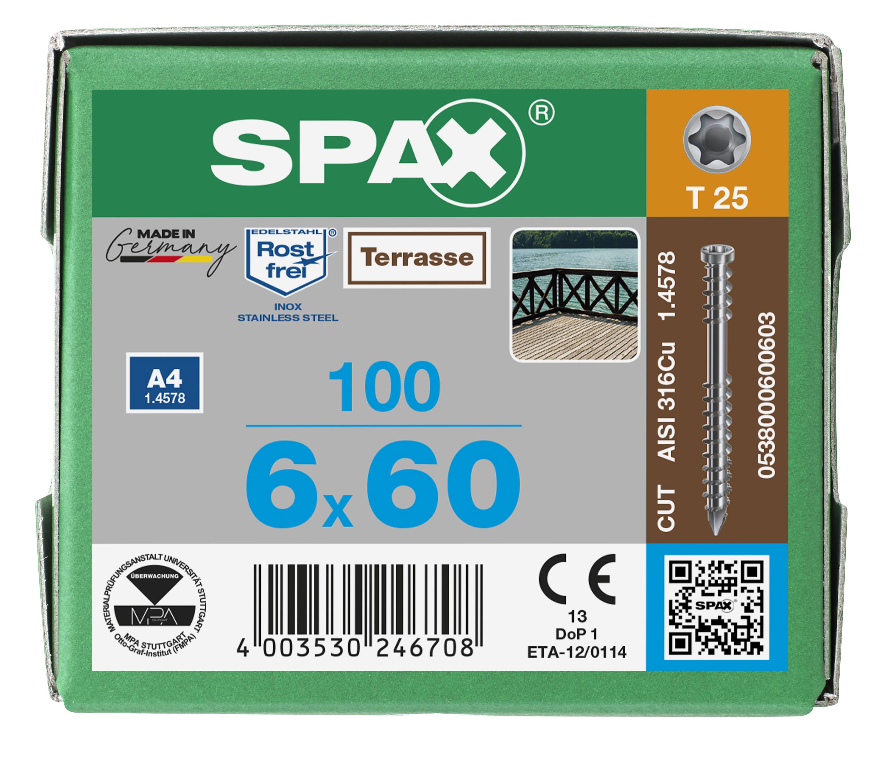 Product afbeelding voor Spax Vlonderschroef 6x60/28mm Cilinderkop TX-25 RVS A4 100st