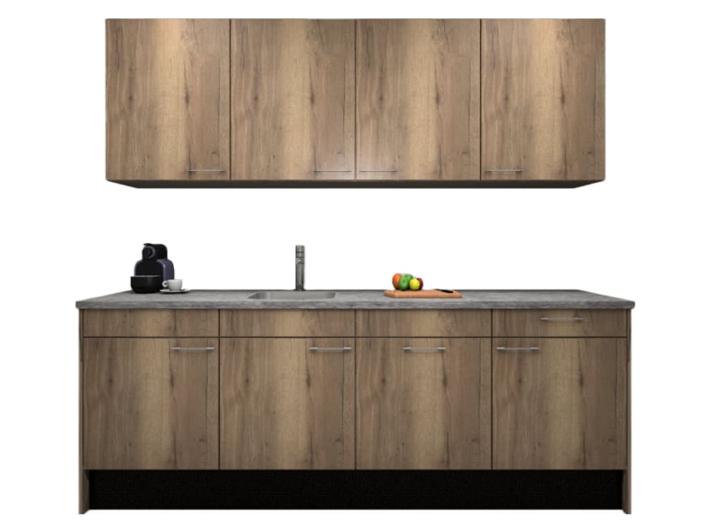 Product afbeelding voor Procasa Keuken 240cm Compleet Mountain Oak Spoelbak Links Uit Midden Met 2 Inbouwapparaten, Koelkast Links En Geintegreede Vaatwasser