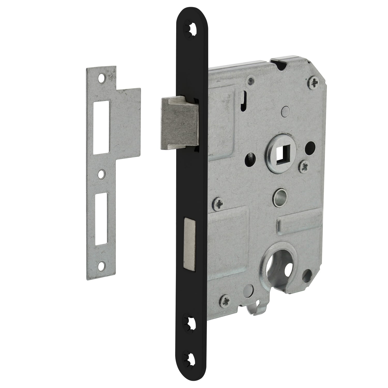 Product afbeelding voor Intersteel Dag- En Nachtslot PC55 Doornmaat 50mm Voorplaat Afgerond Zwart Met Sluitplaat