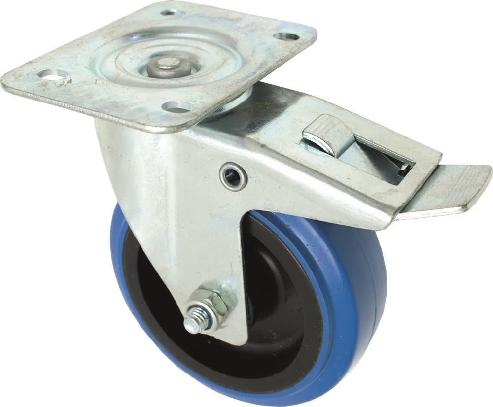 Kelfort Zwenkwiel Met Glijlager 100mm 140kg Met Bevestigingsplaat En Rem Verzinkt Blauw