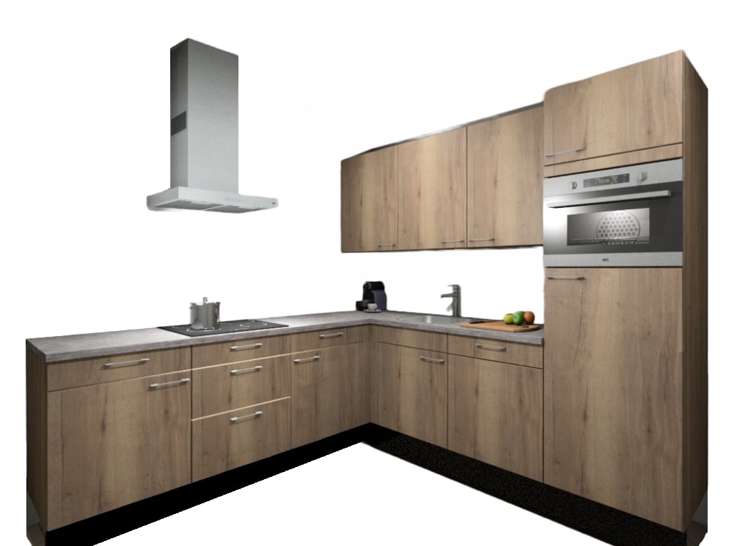 Procasa Hoekkeuken Compleet 245x245cm Mountain Oak Met 5 Inbouwapparaten, Hoge Kast Met Koelkast Nis 103 En Combi Magnetron Nis 45 Rechts, Vaatwasser, Inductie Kookplaat En Afzuigkap